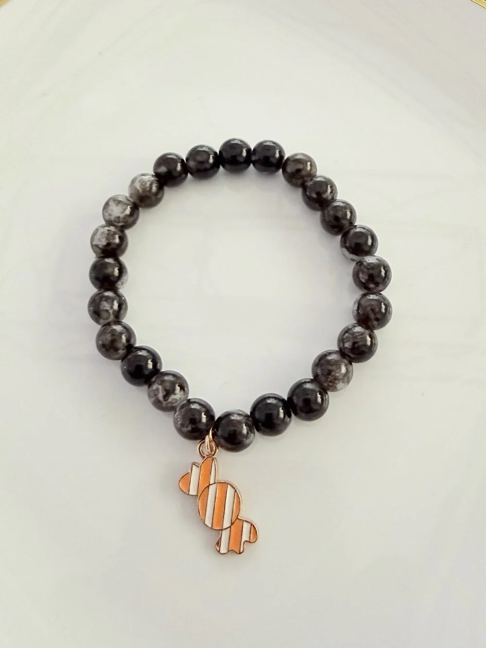 Black Beaded Bracelet with Orange Candy Charm Festive Handmade Jewelry